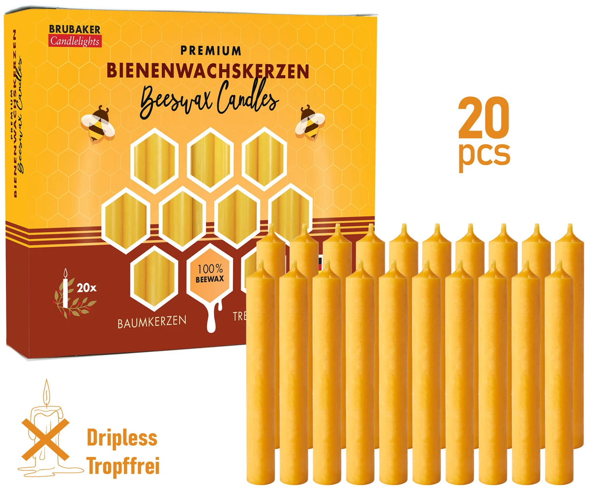 BRUBAKER 100% Beeswax Christmas Tree Candles – 20 Pack, Honey Color, 3.74 Inch