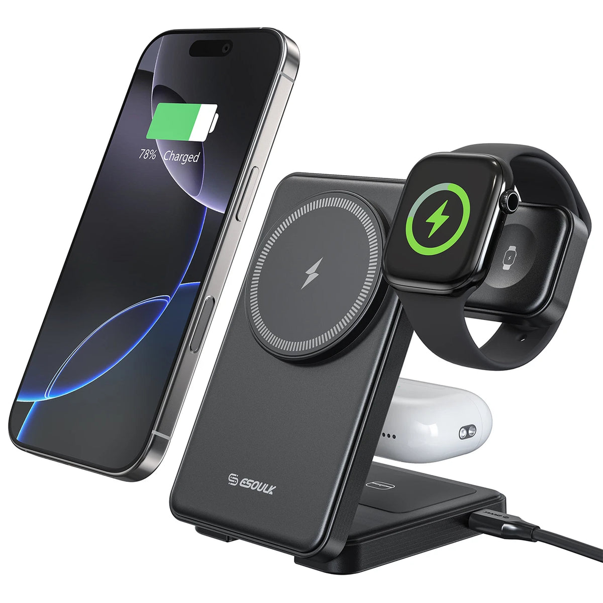 3-in-1 Foldable MagSafe Magnetic Wireless Charging Station – Black