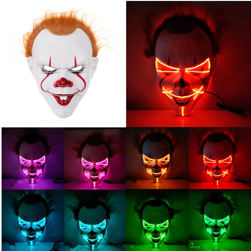 LED Light Up Clown Mask – Luminous Rave Cosplay Costume for Halloween & Parties