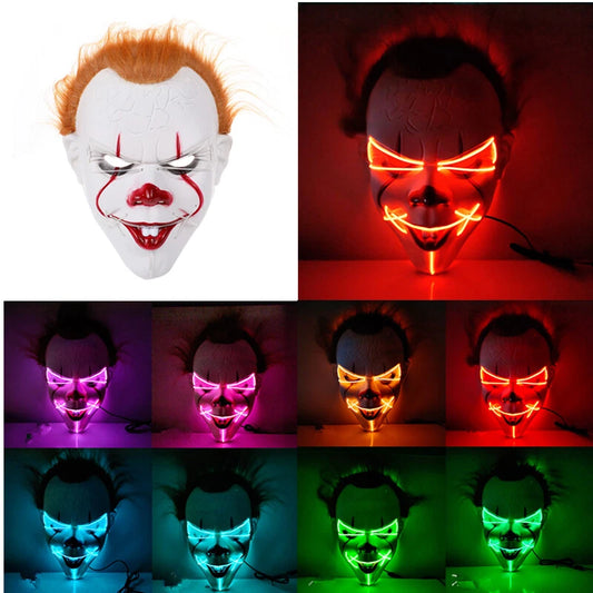 LED Light Up Clown Mask – Luminous Rave Cosplay Costume for Halloween & Parties