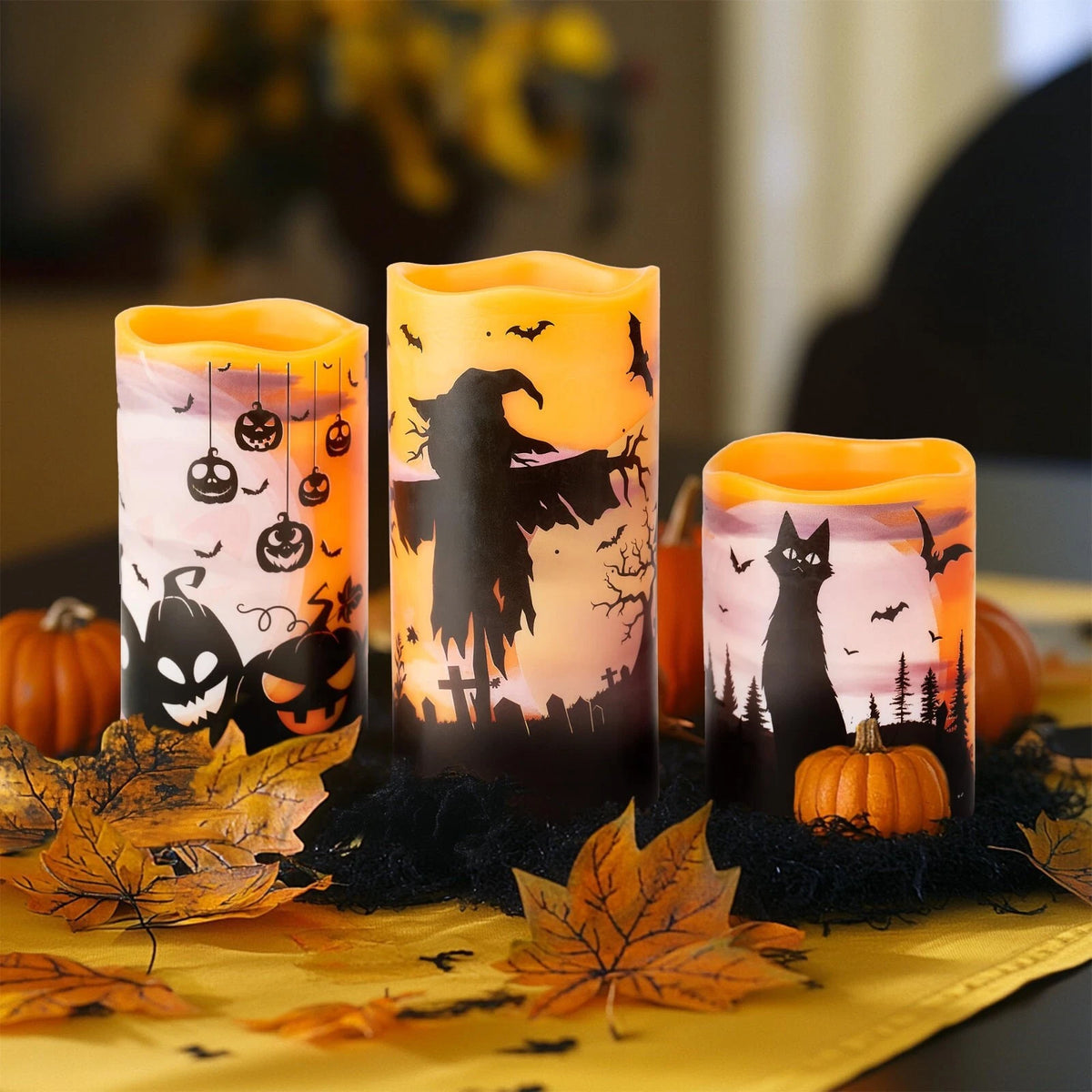 Halloween LED Candles Set of 3 – Flickering Flameless Pillar Candles with Timer