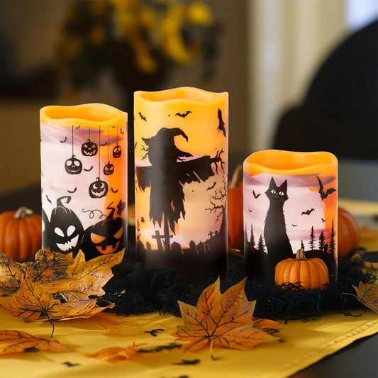 Halloween LED Candles Set of 3 – Flickering Flameless Pillar Candles with Timer