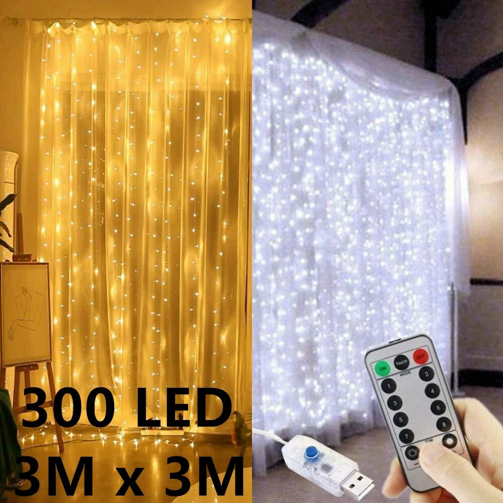 300 LED Curtain String Lights – 3m × 3m USB Powered Waterproof Twinkle Wall Lights
