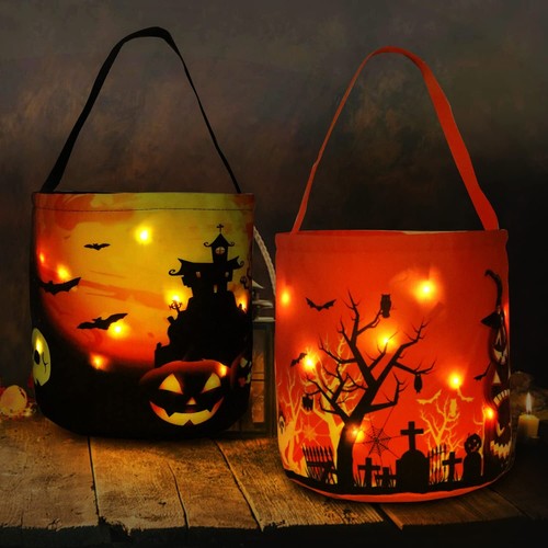 2 Pack Halloween Candy Buckets with LED Lights – Trick or Treat Pumpkin Baskets