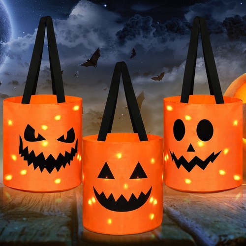 3 Pack LED Halloween Trick or Treat Bags – Light Up Pumpkin Buckets for Kids